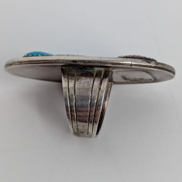 1960s Navajo Oval Sterling Silver Ring with Turquoise & Coral Chunky Native 5.5 - Picture 5 of 5